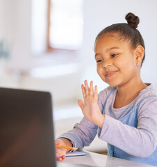 Video call, laptop and child or girl for home education, e learning and online class for kindergarten knowledge. Happy african kid wave hello on computer elearning, virtual school or webinar teaching