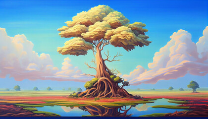 Obraz premium Generative AI landscape with tree