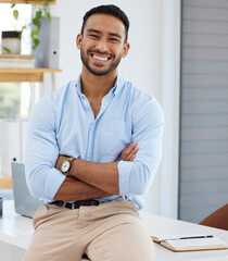 Portrait, writer and business man with arms crossed in office, workplace or company. Face,...