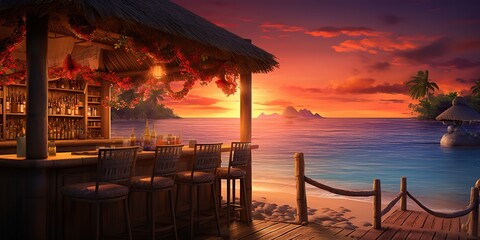 AI Generated. AI Generative. Vacation beach island sand sea ocean bar pub at sunset. Night party fun relaxing vibe. Graphic Art