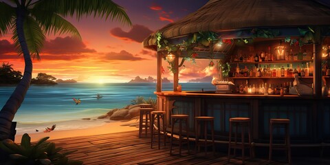 AI Generated. AI Generative. Vacation beach island sand sea ocean bar pub at sunset. Night party fun relaxing vibe. Graphic Art
