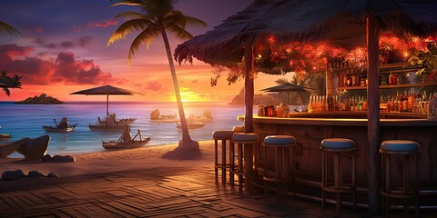 AI Generated. AI Generative. Vacation beach island sand sea ocean bar pub at sunset. Night party fun relaxing vibe. Graphic Art