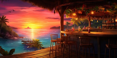 AI Generated. AI Generative. Vacation beach island sand sea ocean bar pub at sunset. Night party fun relaxing vibe with beautiful nature landscape on background