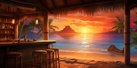 AI Generated. AI Generative. Vacation beach island sand sea ocean bar pub at sunset. Night party fun relaxing vibe with beautiful nature landscape on background
