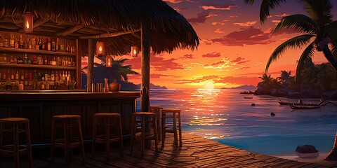 AI Generated. AI Generative. Vacation beach island sand sea ocean bar pub at sunset. Night party fun relaxing vibe with beautiful nature landscape on background