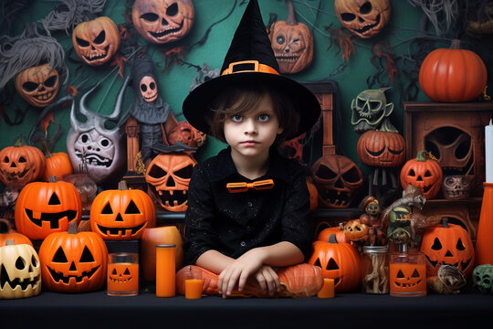 Cute girl dressed in a halloween costume as a witch surrounded by pumpkins. Halloween scenery. High quality photo