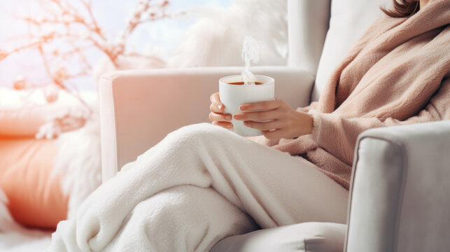 Wintertime Comfort. Woman Relishing a Cozy Hot Beverage in Neutral Shades. Warm Drink concept. AI Generative