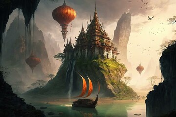 Enchanting floating kingdoms amidst mystical scenery. Generative AI
