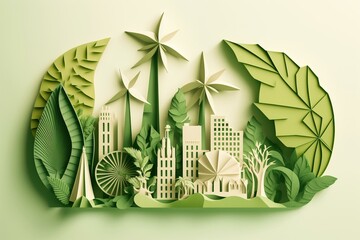 A green paper art leaf with city silhouettes, windmills, solar panels promoting ecology preservation and green energy. Generative AI