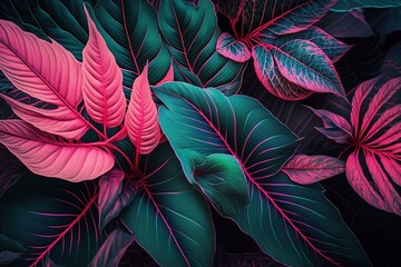 Pink tropical plant pattern on leaves as a background. Generative AI - obrazy, fototapety, plakaty
