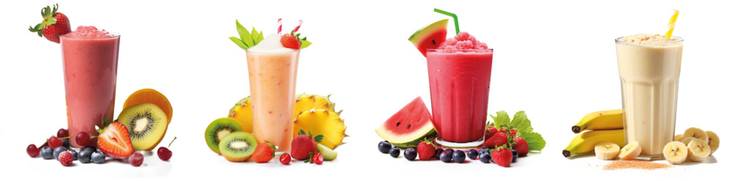 Row of healthy fresh fruit and vegetable smoothies with assorted ingredients served in glass bottles with straws isolated on transparent background