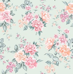 Watercolor flowers pattern, neutral tropical elements, green leaves, green background, seamless