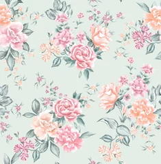 Deurstickers Watercolor flowers pattern, neutral tropical elements, green leaves, green background, seamless © Leticia Back