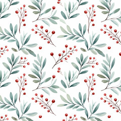 Red seasonal berries watercolor christmas or autumn seamless pattern Generative AI