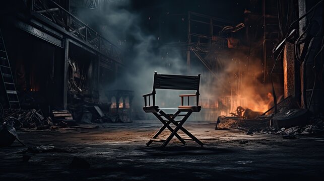 An empty director chair in front of an empty film set. Gloomy background