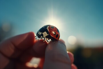 Ladybug on Fingertip Against a Serene Blue Sky