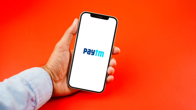 Paytm app on the mobile phone screen, online banking application: Kolkata, India - August 03 2023