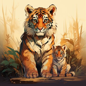 International tiger day a tiger siting with baby tiger earth forest painting of tiger