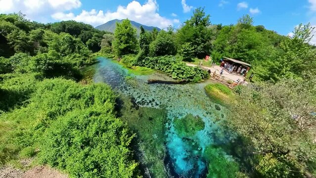 Aerial view of the Blue Eye. This water spring is situated near the village of Muzine, close to the city of Saranda of Albania.