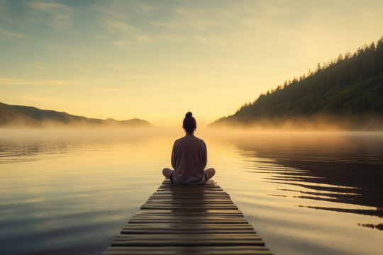 Fototapeta Young woman meditating on a wooden pier on the edge of a lake to improve focus
