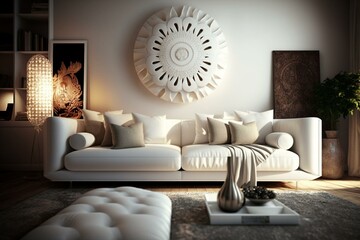 3D rendering of a living room with a white sofa. Generative AI