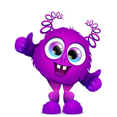 Cute fluffy funny cartoon violet smiling monster with like thumbs and spiral horns
