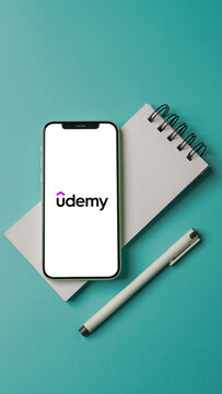 Udemy app on the mobile phone screen, online learning application: Kolkata, India - August 03 2023