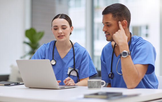 Teamwork, laptop and medical with doctors in hospital boardroom for planning, research and help. Medicine, healthcare and collaboration with man and woman for strategy, internet and meeting