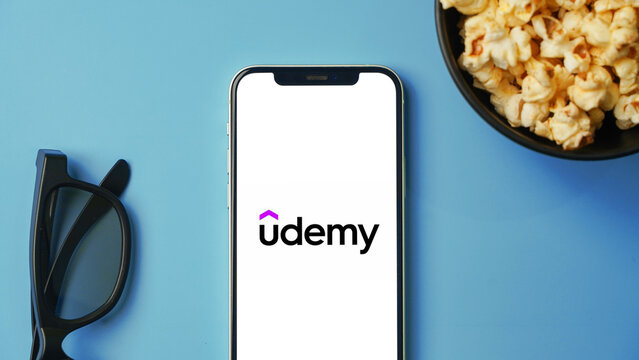 Udemy app on the mobile phone screen, online learning application: Kolkata, India - August 03 2023
