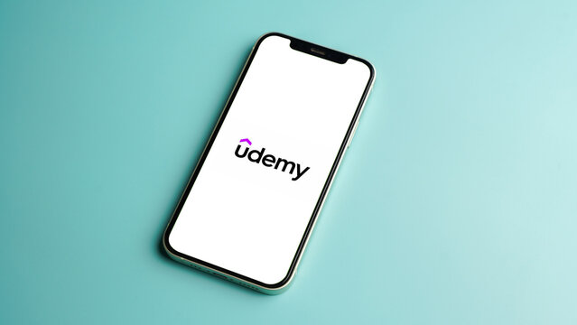 Udemy app on the mobile phone screen, online learning application: Kolkata, India - August 03 2023