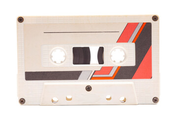 Close up of vintage audio tape cassette isolated on white background, vintage 80's music concept.
