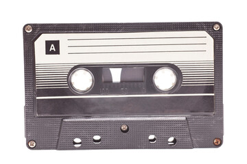 Close up of vintage audio tape cassette,side A, isolated on white background, vintage 80's music concept.