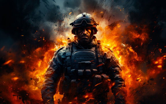 Strong army man wearing bulletproof vest, helmet and goggles. Fire and explosions at backdrop. War concept. Generative AI.