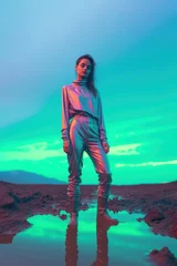 Zelfklevend Fotobehang Futuristic female model wearing silver metallic iridescent body suit standing in the mud. Fashion contrast conceptual background. AI generated image © Niquirk