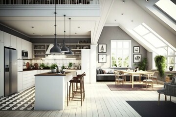 Open kitchen interior with an open plan layout. Generative AI