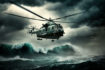 Dramatic stormy sea with a mi-8 helicopter viewed from below amid cloudy skies. Generative AI