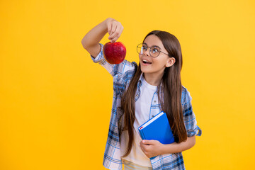 education and knowledge for girl. teen school girl ready to study. school education and childhood. teen girl school education. back to school. teen childhood. eating apple fruit - obrazy, fototapety, plakaty