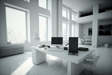 Fototapeta na wymiar unoccupied workspace in sleek white decor. Generative AI