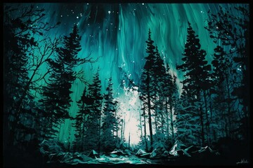 Oil painted impressions of Northern lights in forest. Generative AI