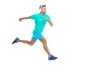The sportsman running at full speed towards the finish line, banner. sportsman runner running isolated on white. Man sportsman running for exercise in studio. sportsman jogger running