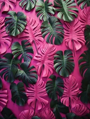 Fototapete Rund Magenta and green monstera leaves flat lay background. Fashionable summer background. AI generated image © Neeqolah