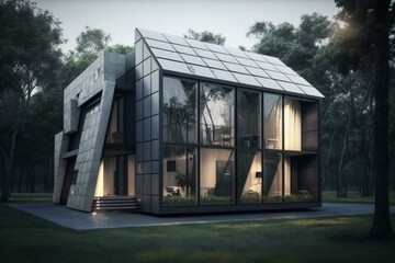 Fototapeta na wymiar Contemporary house w/ solar panels for eco & energy efficiency. Generative AI