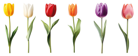 Row of colourful tulips isolated on transparent background - obrazy, fototapety, plakaty