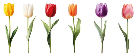 Row of colourful tulips isolated on transparent background
