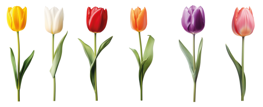 Row of colourful tulips isolated on transparent background