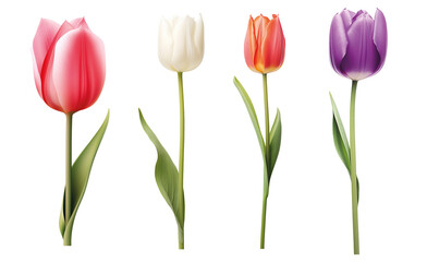 Row of colourful tulips isolated on transparent background