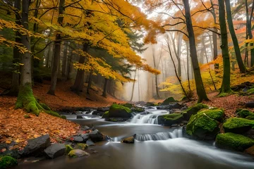 Foto auf Acrylglas Waldfluss autumn in the forest generated Ai.