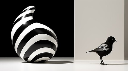 3d art composition with a striped inverted comma shape and a small black bird with striped wings. Black and white design. Illustration for cover, card, postcard, interior design, decor or print.