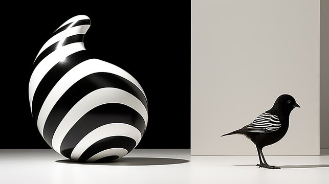 recommend clip art: 3d art composition with a striped inverted comma shape and a small black bird with striped wings. Black and white design. Illustration for cover, card, postcard, interior design, decor or print.