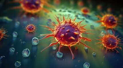 Closeup virus cells. Microbiology concept. Disease germ or pathogen organism. Background for medicine and science. Generative AI. Illustration for banner, poster, cover, brochure or presentation.